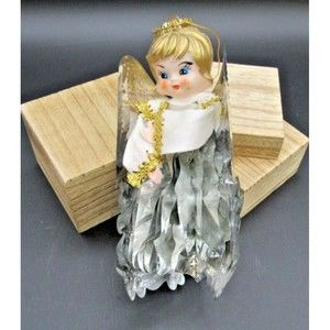 Vintage Angel Christmas Ornament Silver Foil Wings Hand Painted Made In Japan